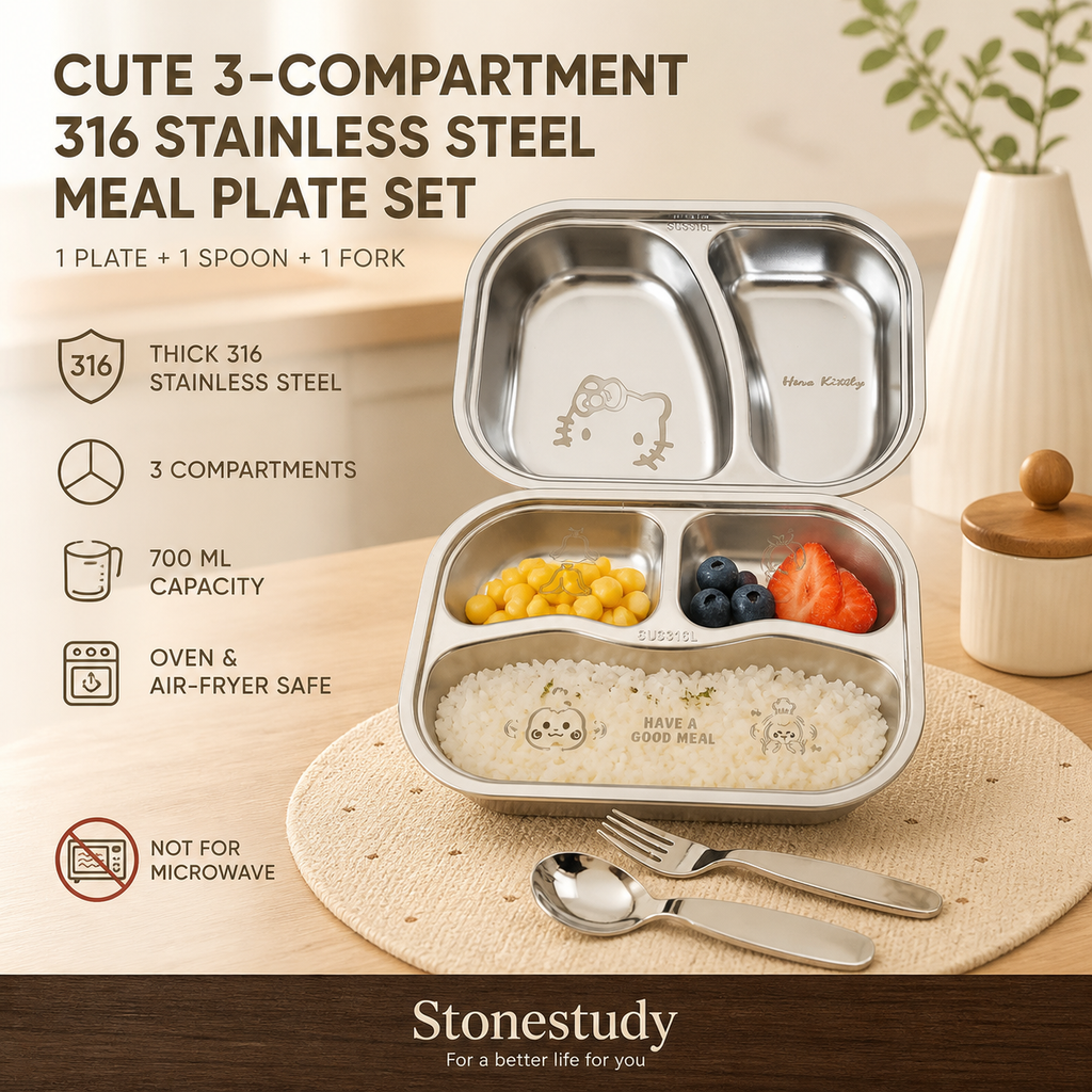 316 stainless steel three-compartment meal plate set