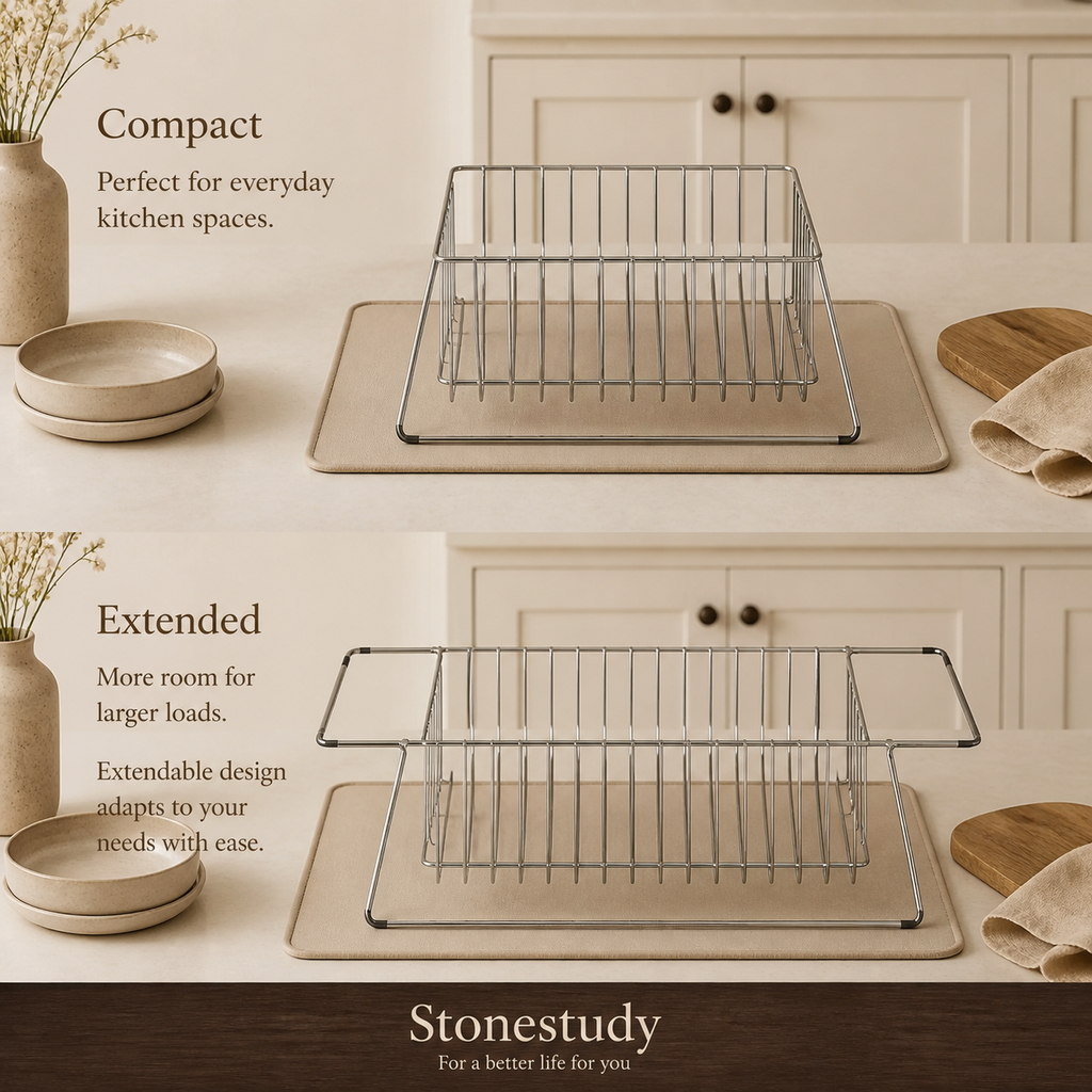 Compact and extended dish rack views