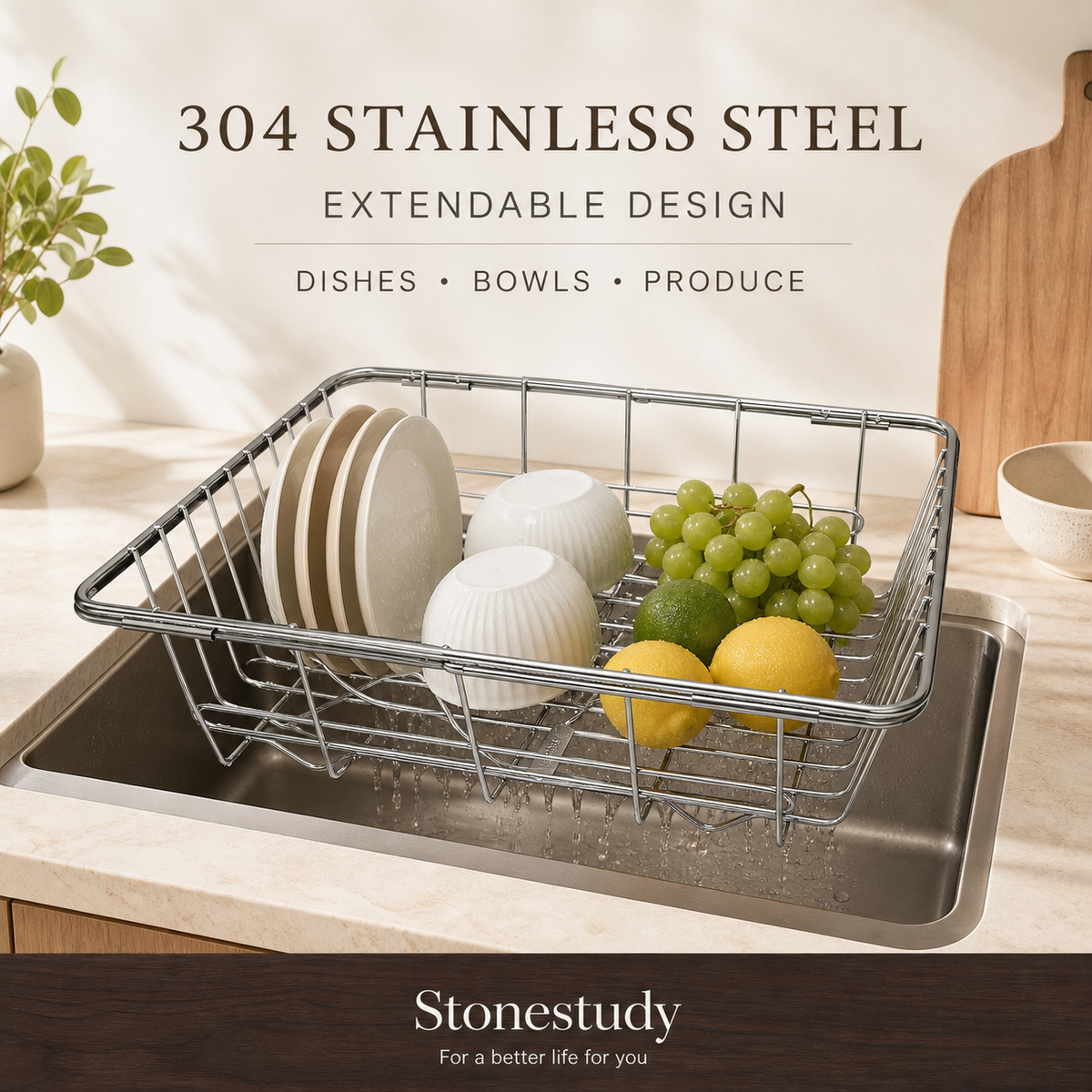 Extendable 304 stainless steel dish draining rack