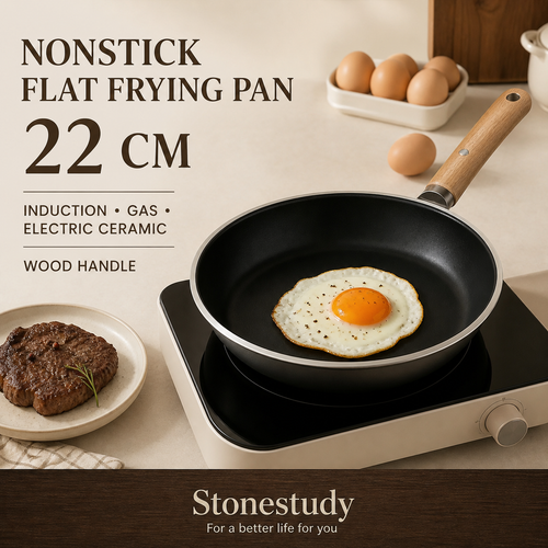 22 cm nonstick flat frying pan with wood handle
