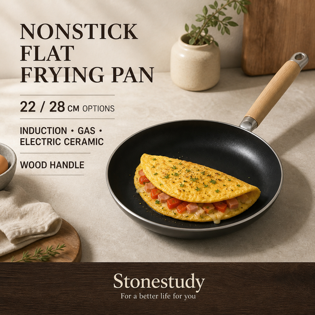 Nonstick flat frying pan with wood handle