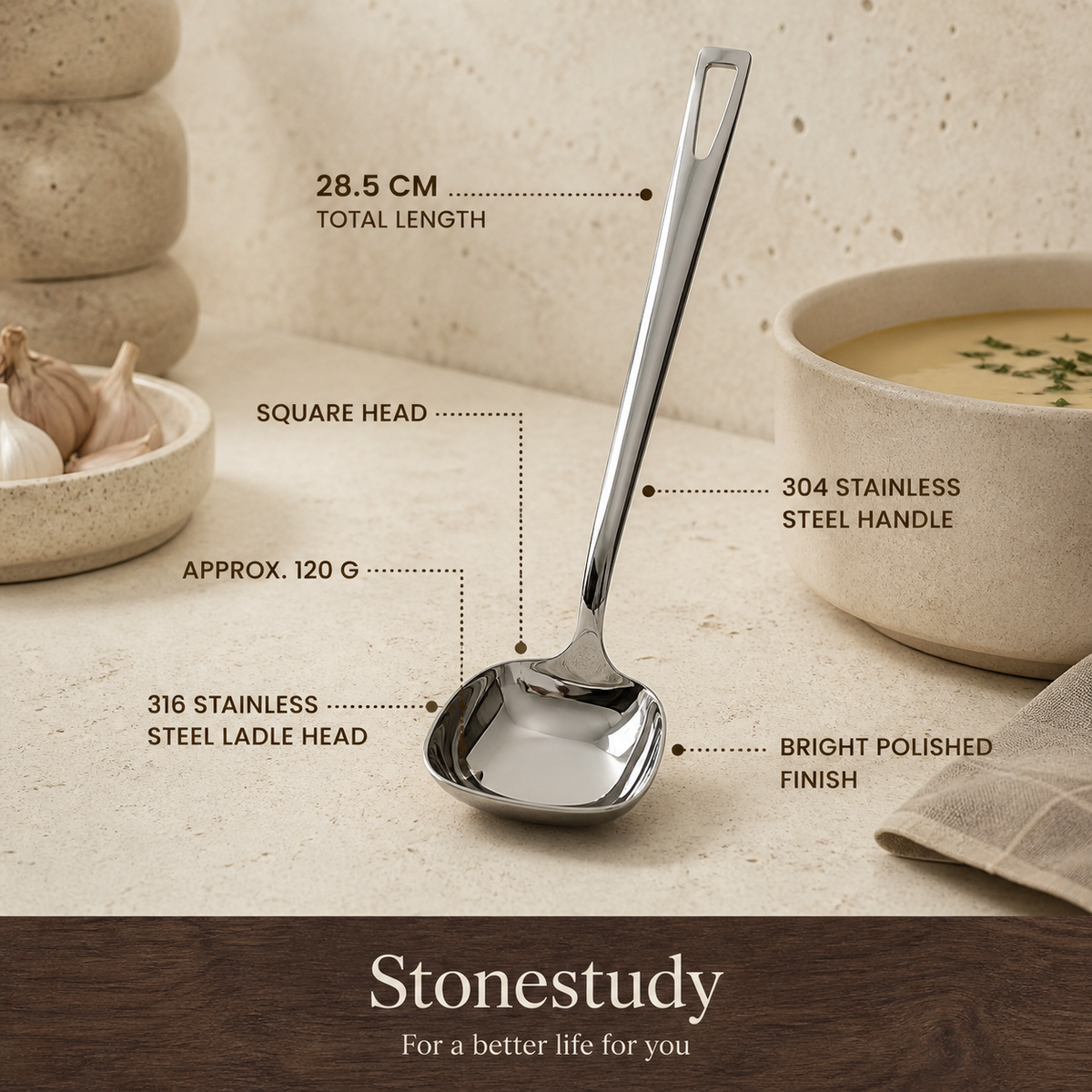 Soup ladle dimensions, materials and finish