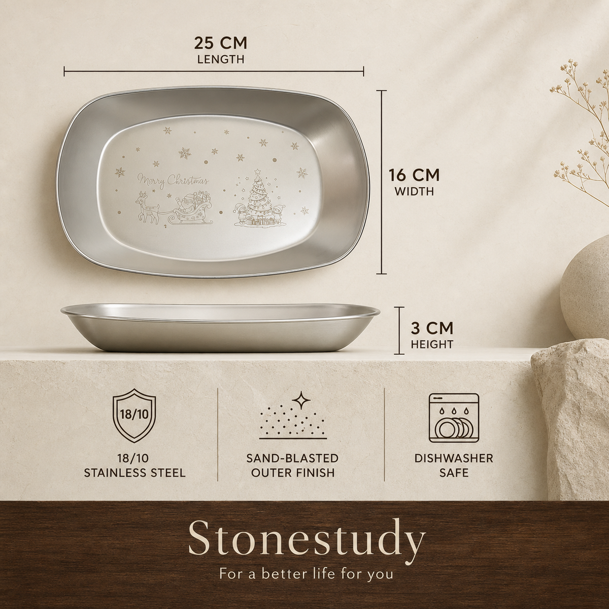 Snack plate dimensions, finish and care