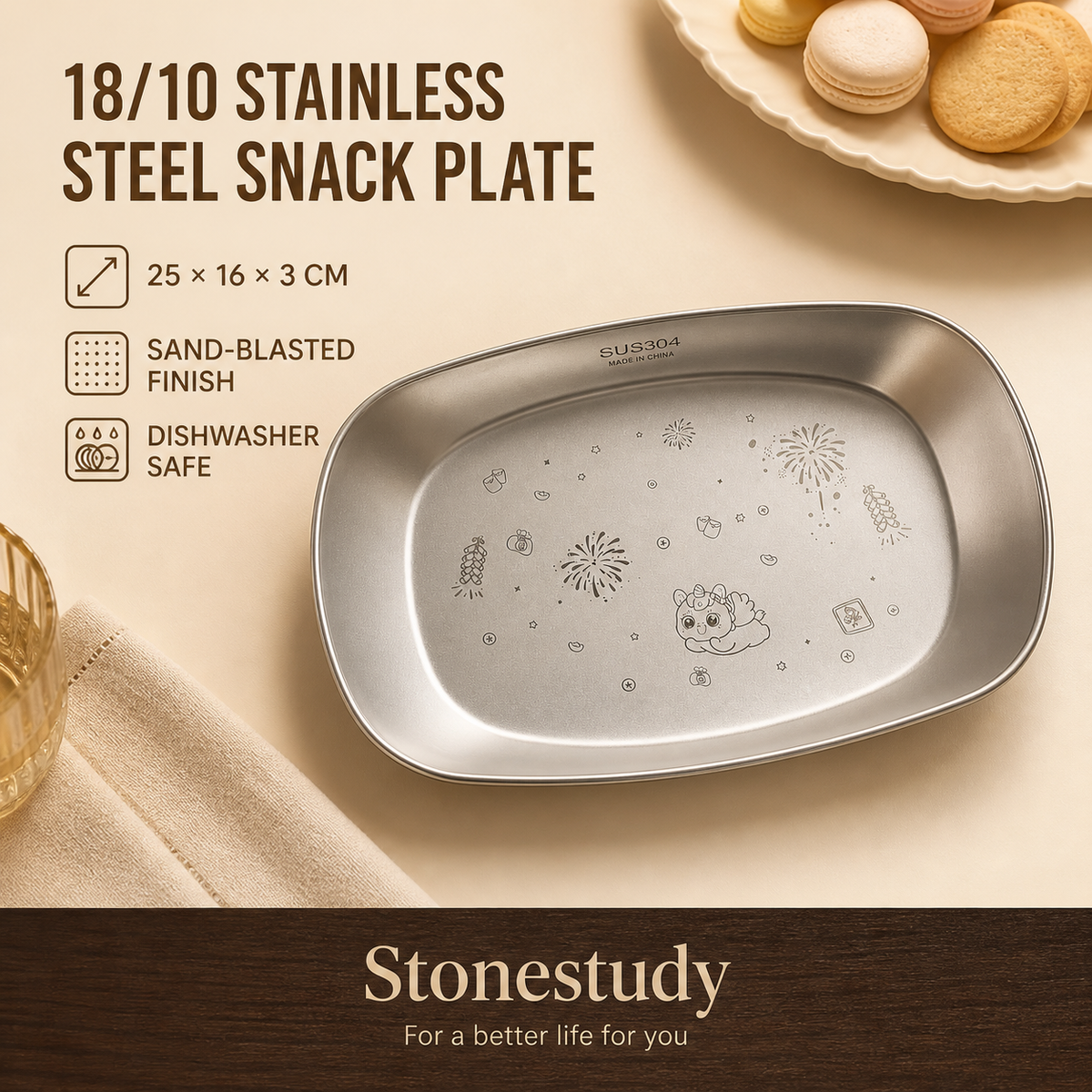 18/10 stainless steel square snack and dessert plate