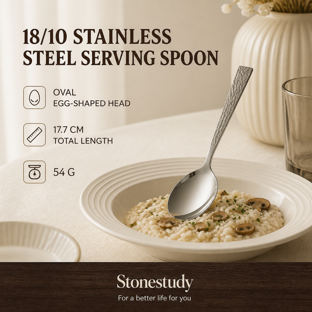 18/10 stainless steel oval serving spoon with stone-texture handle